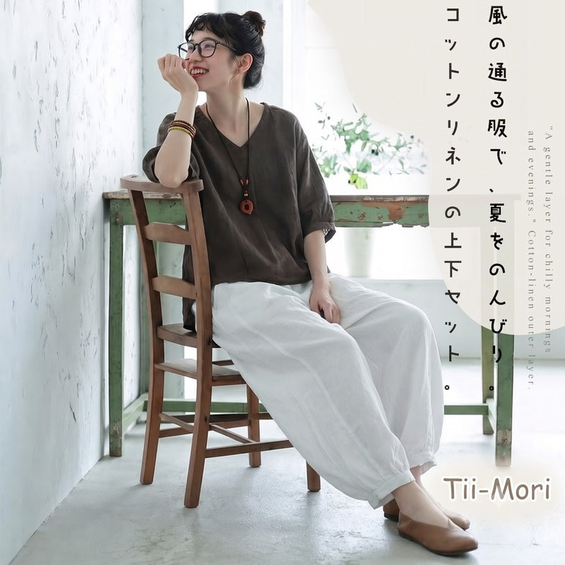 S～5XL 綿麻 Tシャツ＆パンツ 2点セット
