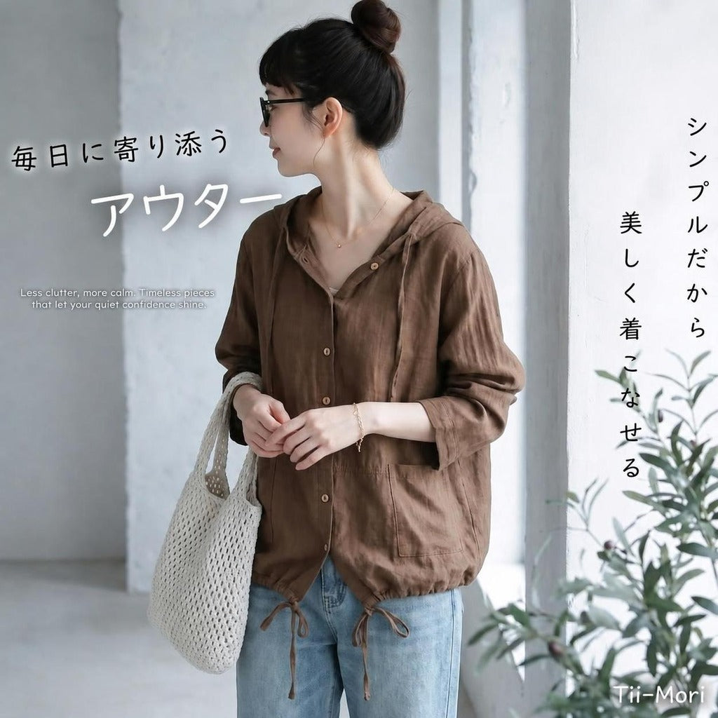 コットン XL～5XL 無地 ボタン フード付き 長袖 シャツ