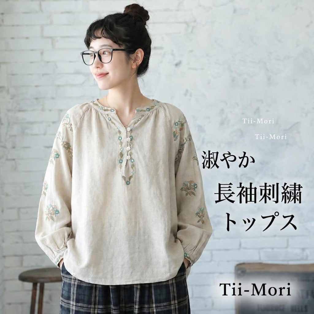 ボタン Vネック 長袖 刺繍 シャツ