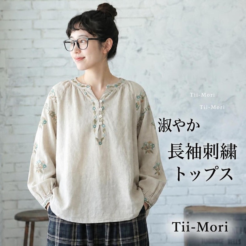 ボタン Vネック 長袖 刺繍 シャツ