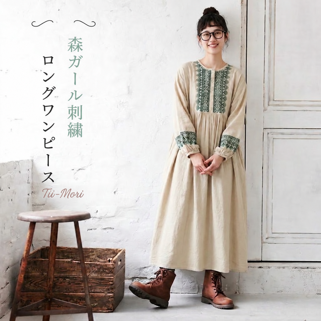 配色 刺繍 長袖 ラウンドネック ワンピース