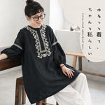 棉混 刺繍 ランタンスリーブ 無地 花模様 レトロ チュニック