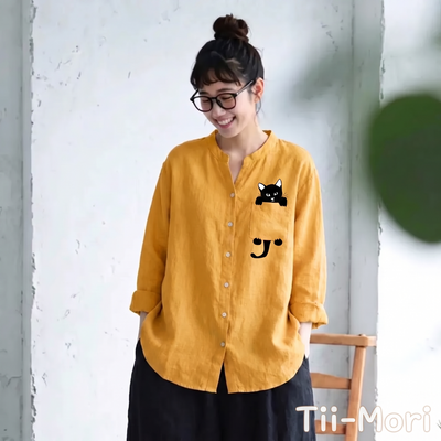 綿麻 Vネック 長袖 プリント 動物柄 シャツ