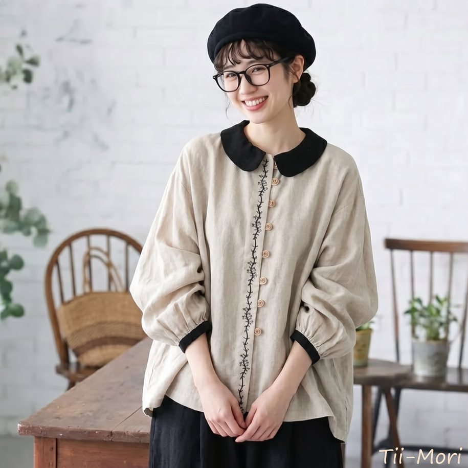 コットン 刺繍 長袖 無地 シャツ
