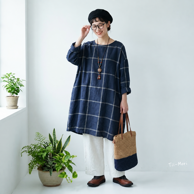 M～4XL コットン ポケット付き チェック柄 長袖ワンピース