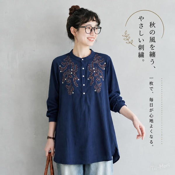 スタンドカラー 刺繍 ロング丈 シャツ