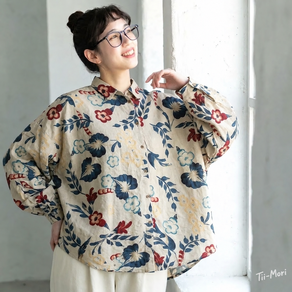 M～4XL 綿麻 花柄プリント 長袖 シャツ