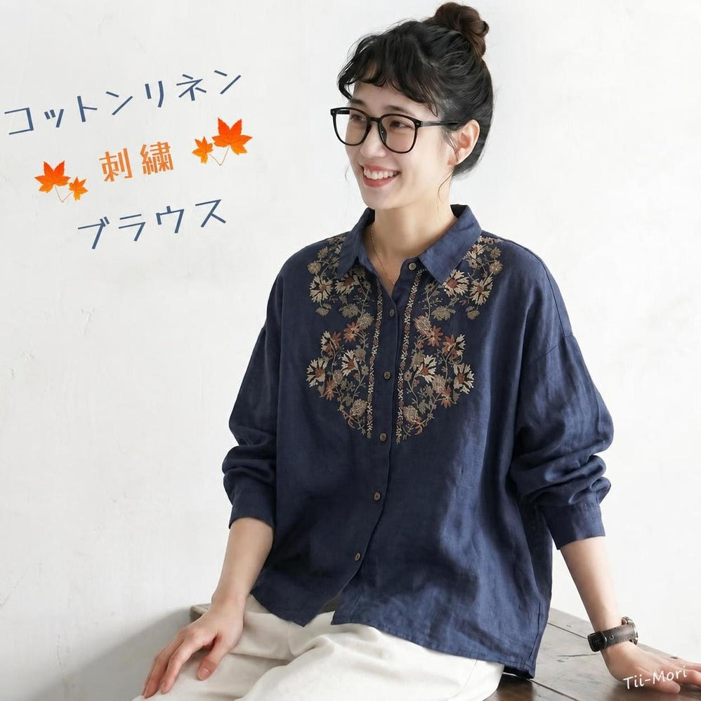 綿麻 花模様 刺繍 レトロ ブラウス