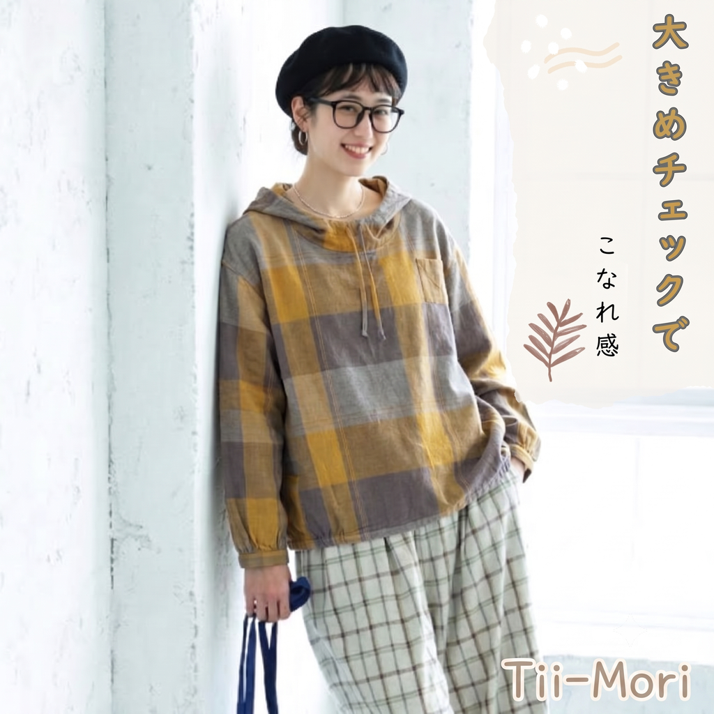 XL～4XL チェック柄 長袖 フード付き Tシャツ