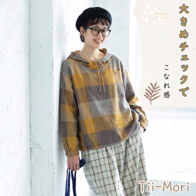 XL～4XL チェック柄 長袖 フード付き Tシャツ