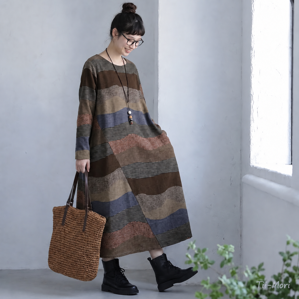 M～4XL 配色 長袖 切り替え ストレート カジュアルワンピース