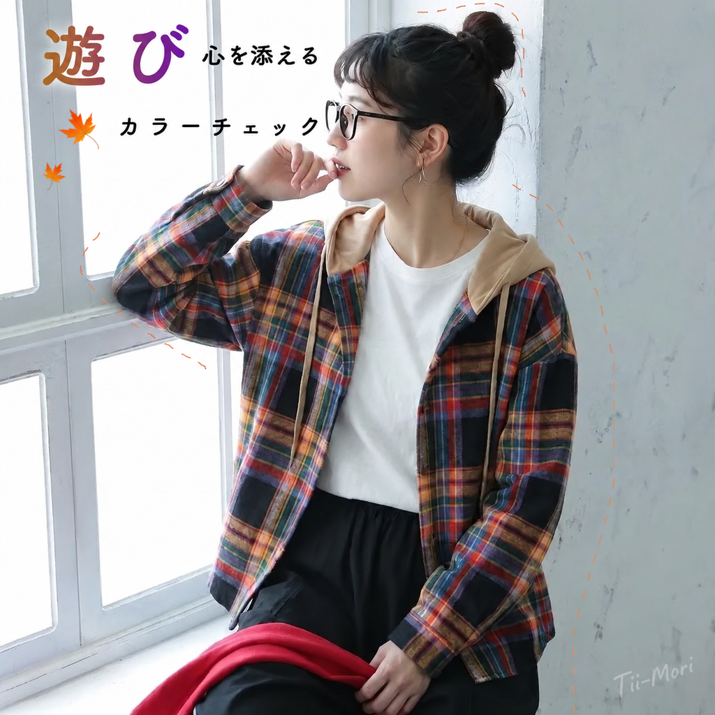 フード付き ボタン チェック柄 長袖 シャツ