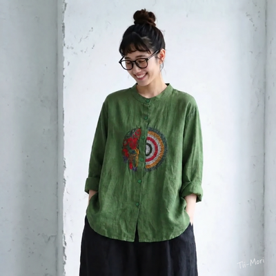 M～4XL 長袖 ボタン 刺繍 シャツ