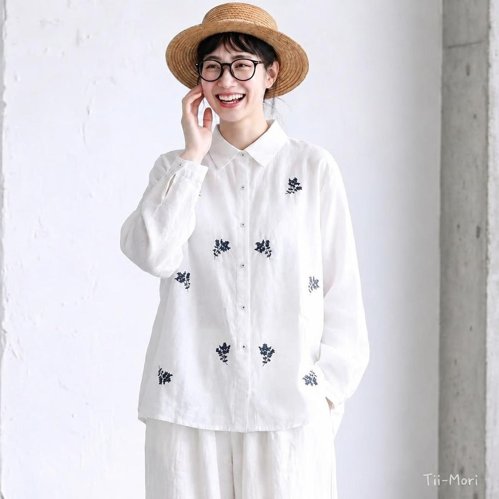 長袖 刺繍 ボタン開き 折り襟 レトロ シャツ
