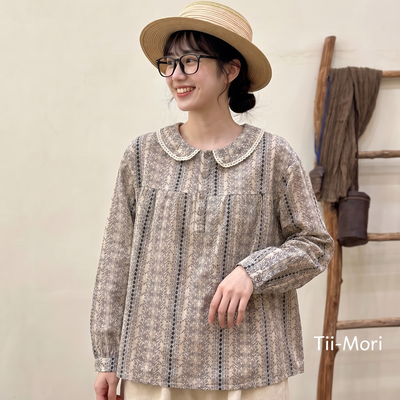 のコツ 花柄 長袖 パフカラー ボタン シャツ