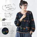 綿麻 Vネック 幾何総柄 長袖 Tシャツ