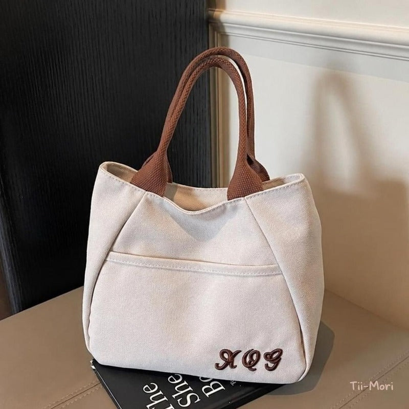 キャンバス 刺繍デザイン ポケット付き ハンドル付き トートバッグ