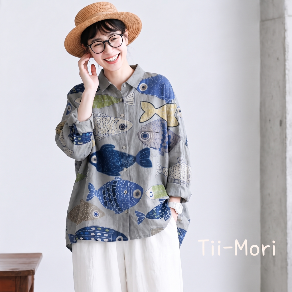 綿麻混 フィッシュ柄 プリント 長袖 シャツ