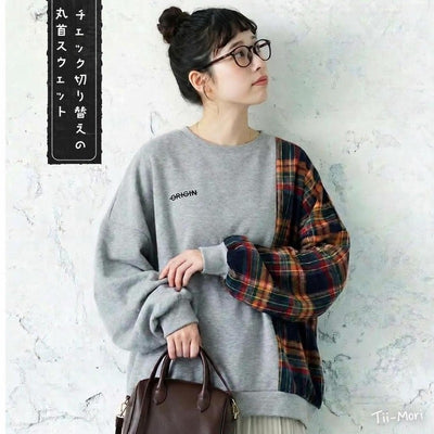 チェック切り替えの丸首スウェット
