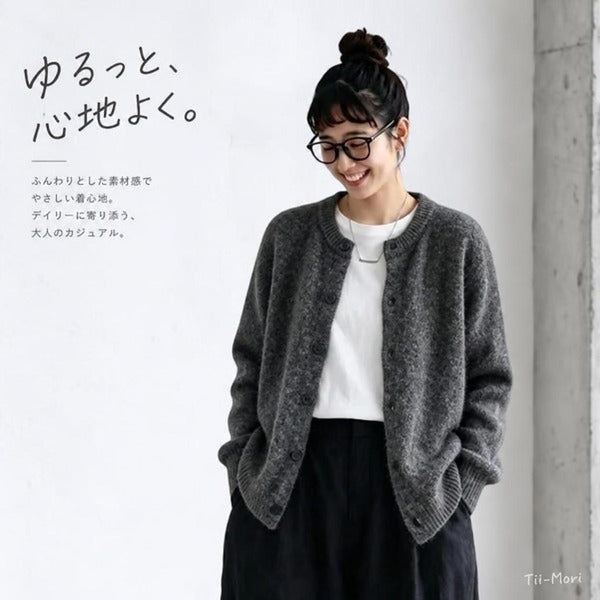 レトロ風 ラウンドネック ボタンカーディガン