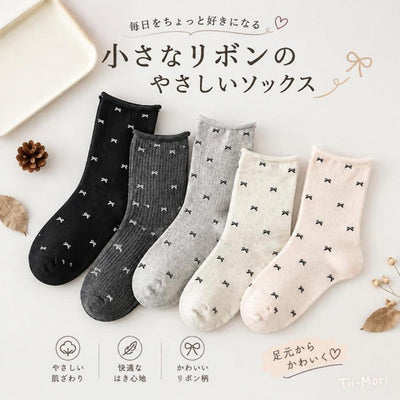 リボン柄 裾フリル ミッド丈 秋冬 レディースソックス
