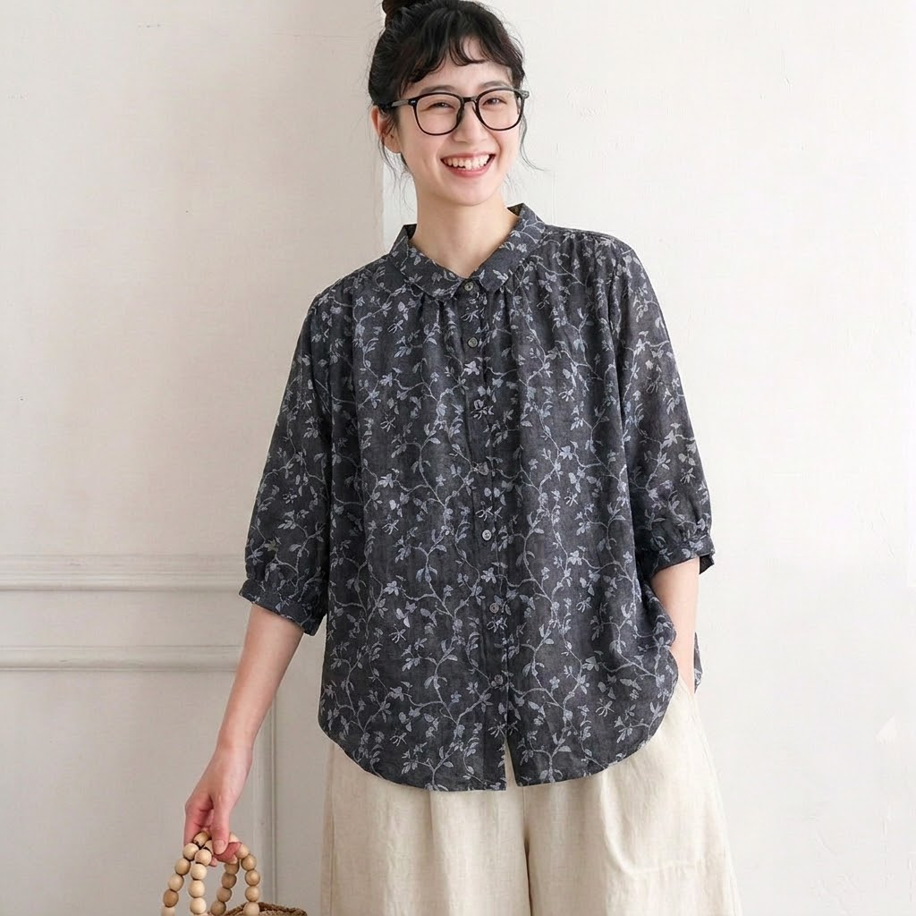 綿麻 ボタン 花柄プリント 七分袖 シャツ