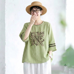 レトロ 刺繍 七分袖 ラウンドネック Tシャツ