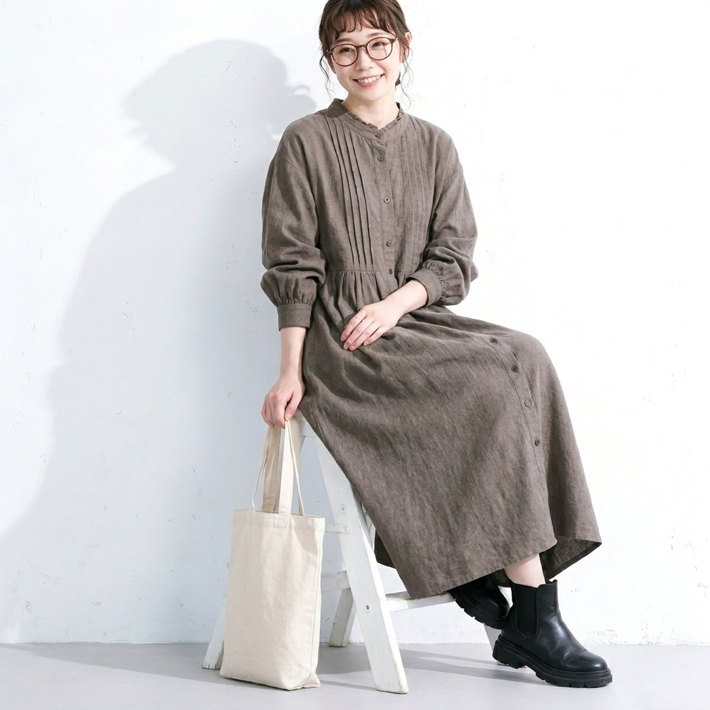 コーデュロイ ボタン Aライン プリーツ 長袖 無地 ワンピース