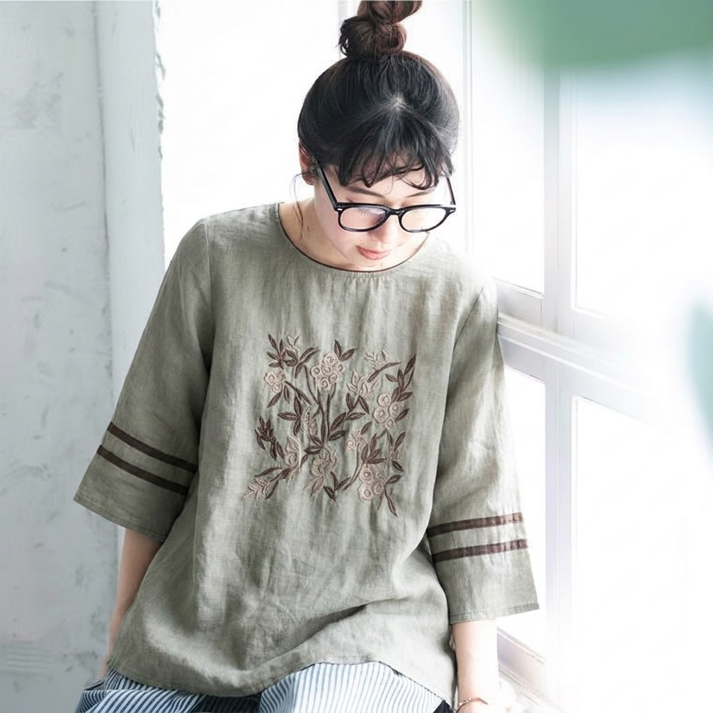 レトロ 刺繍 七分袖 ラウンドネック Tシャツ