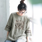 レトロ 刺繍 七分袖 ラウンドネック Tシャツ