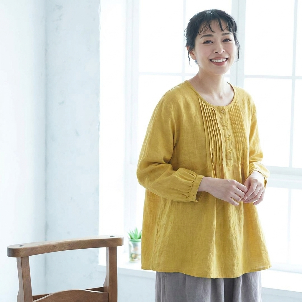M～6L 綿麻 プリーツ長袖シャツ