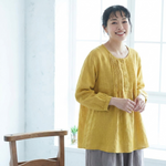 M～6L 綿麻 プリーツ長袖シャツ