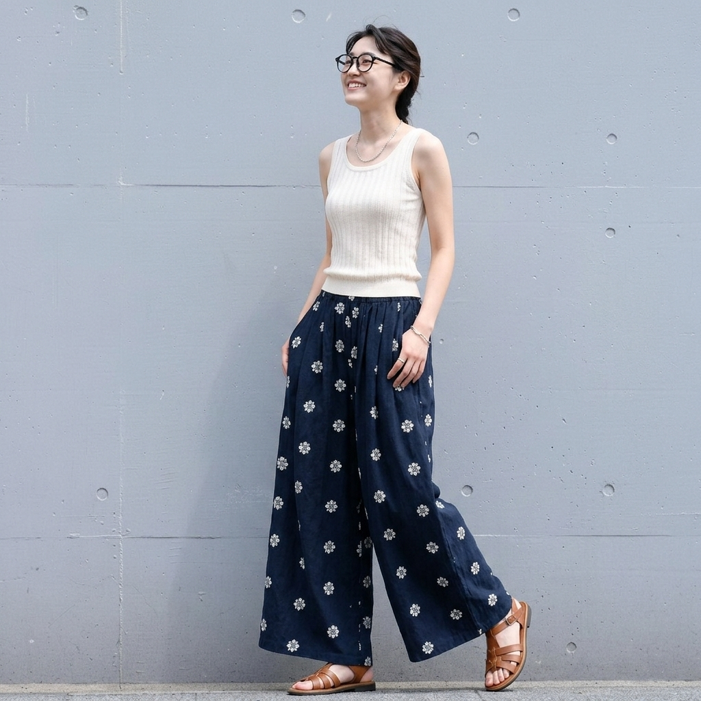 綿麻 花柄 レトロ ハイウエスト ストレート レディースパンツ