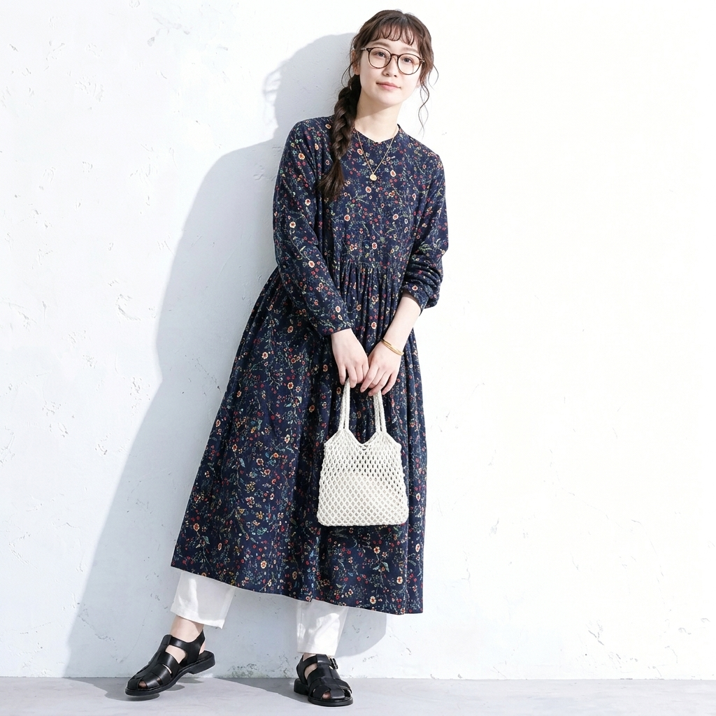Aライン リボン ボタン 長袖 プリント 定番 プリントワンピース