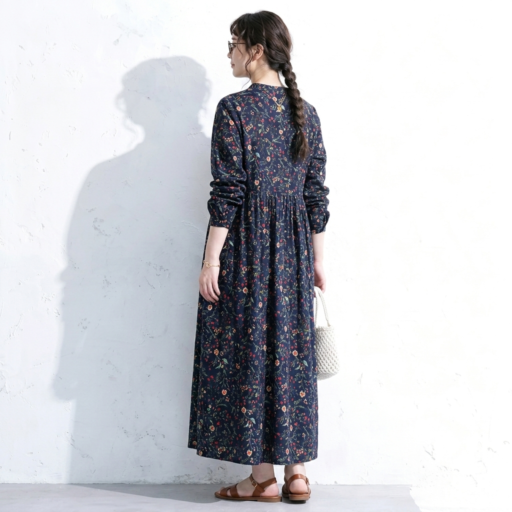 Aライン リボン ボタン 長袖 プリント 定番 プリントワンピース