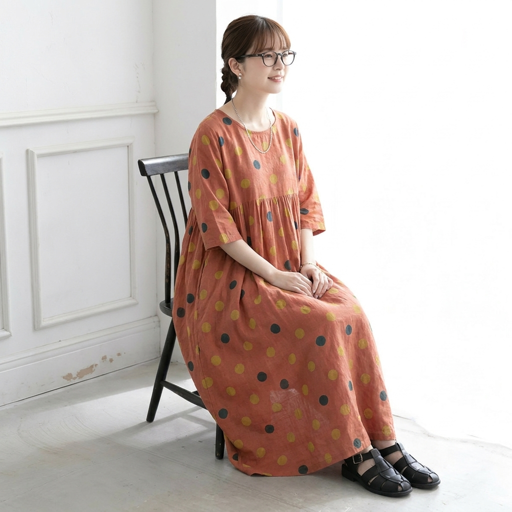 ドット柄 Aライン ロング ギャザー ワンピース
