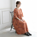 ドット柄 Aライン ロング ギャザー ワンピース