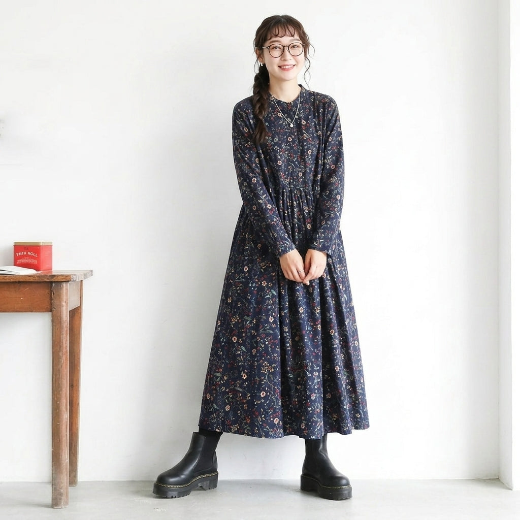 Aライン リボン ボタン 長袖 プリント 定番 プリントワンピース