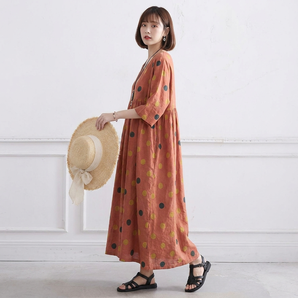 ドット柄 Aライン ロング ギャザー ワンピース