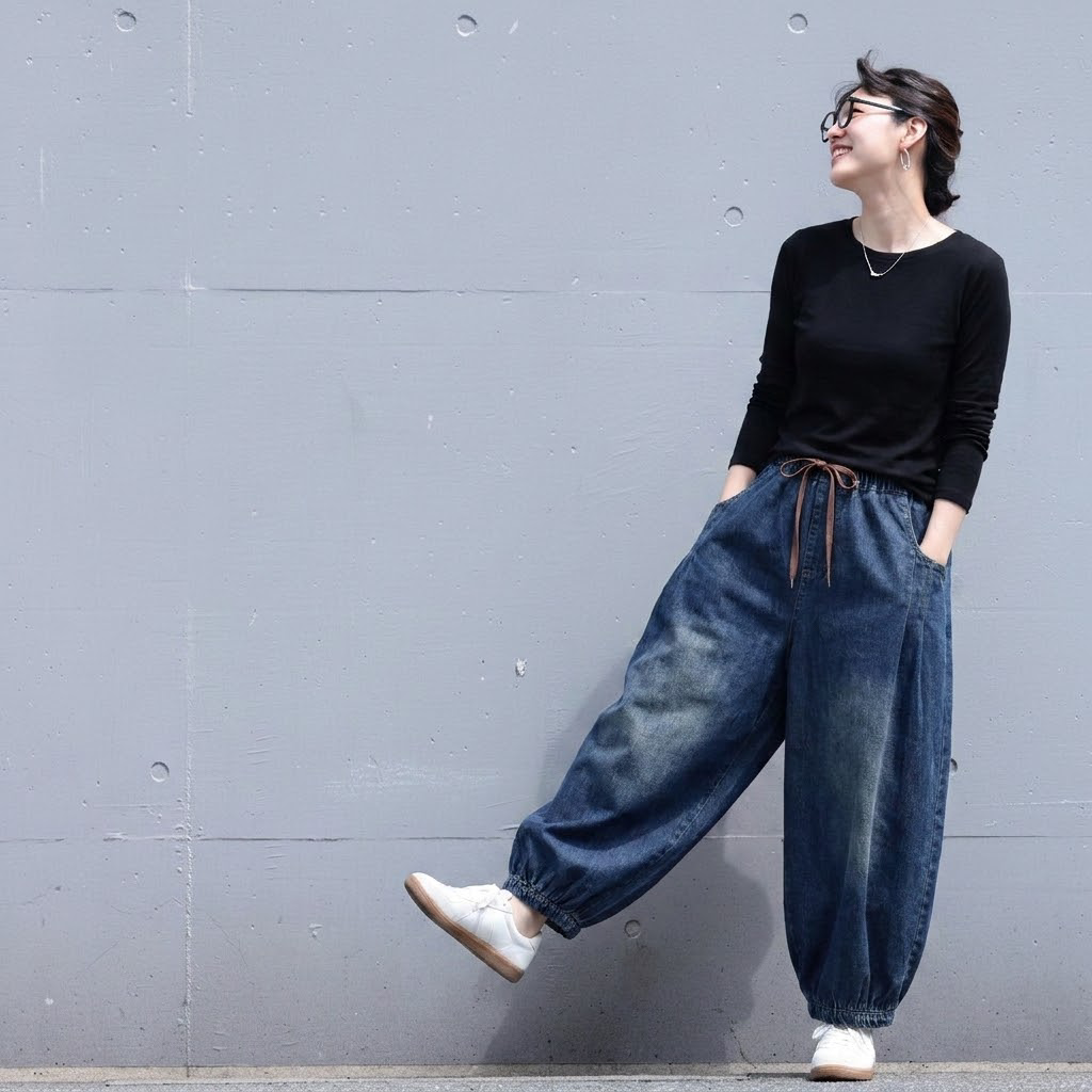 無地 ドローコード付き ジーンズ