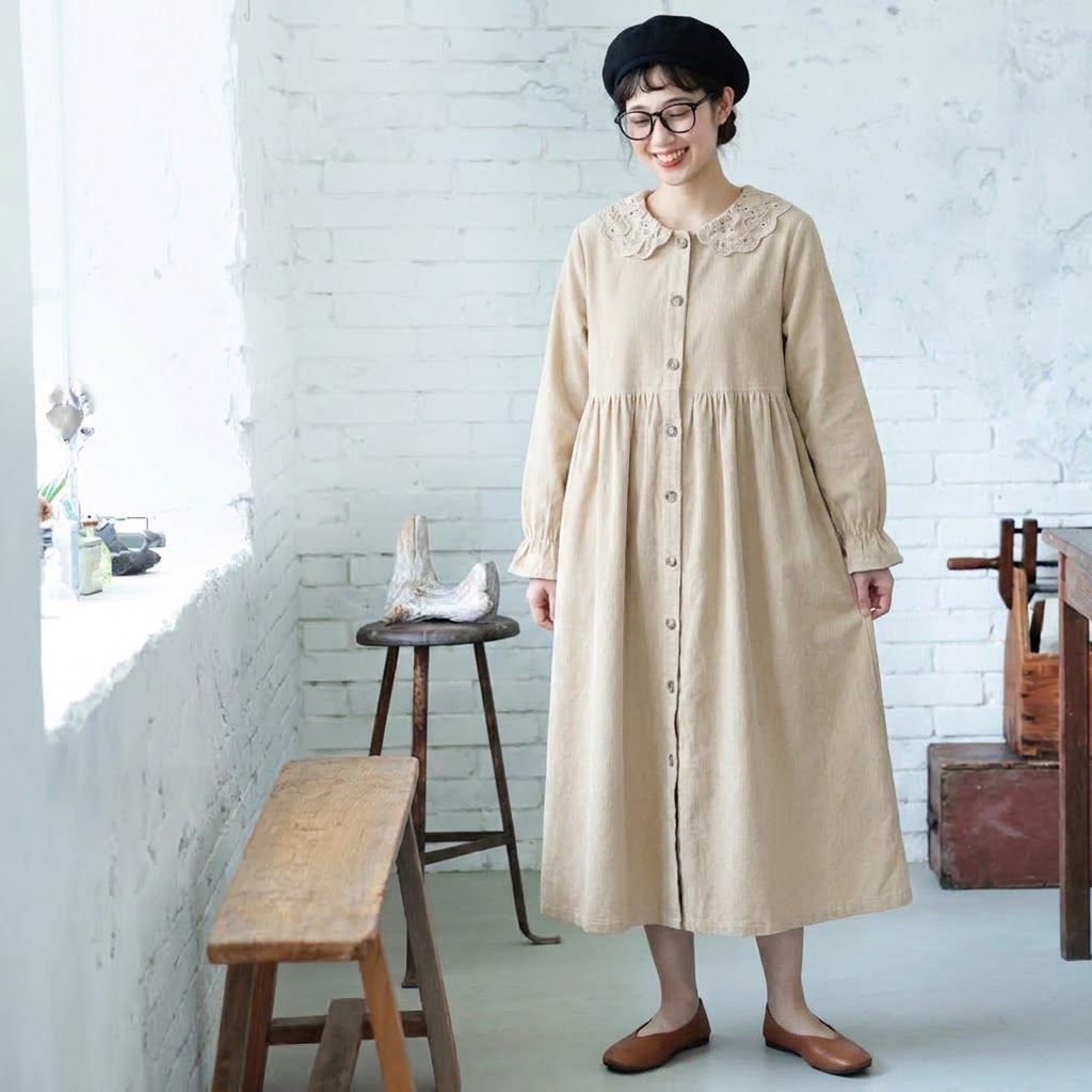 L～4XL フリル袖 長袖 無地 レトロ ワンピース
