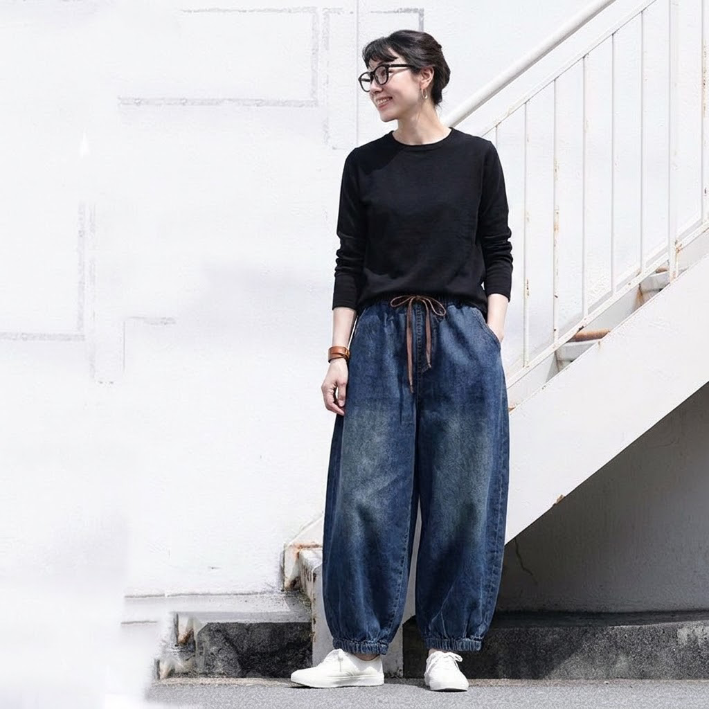 無地 ドローコード付き ジーンズ