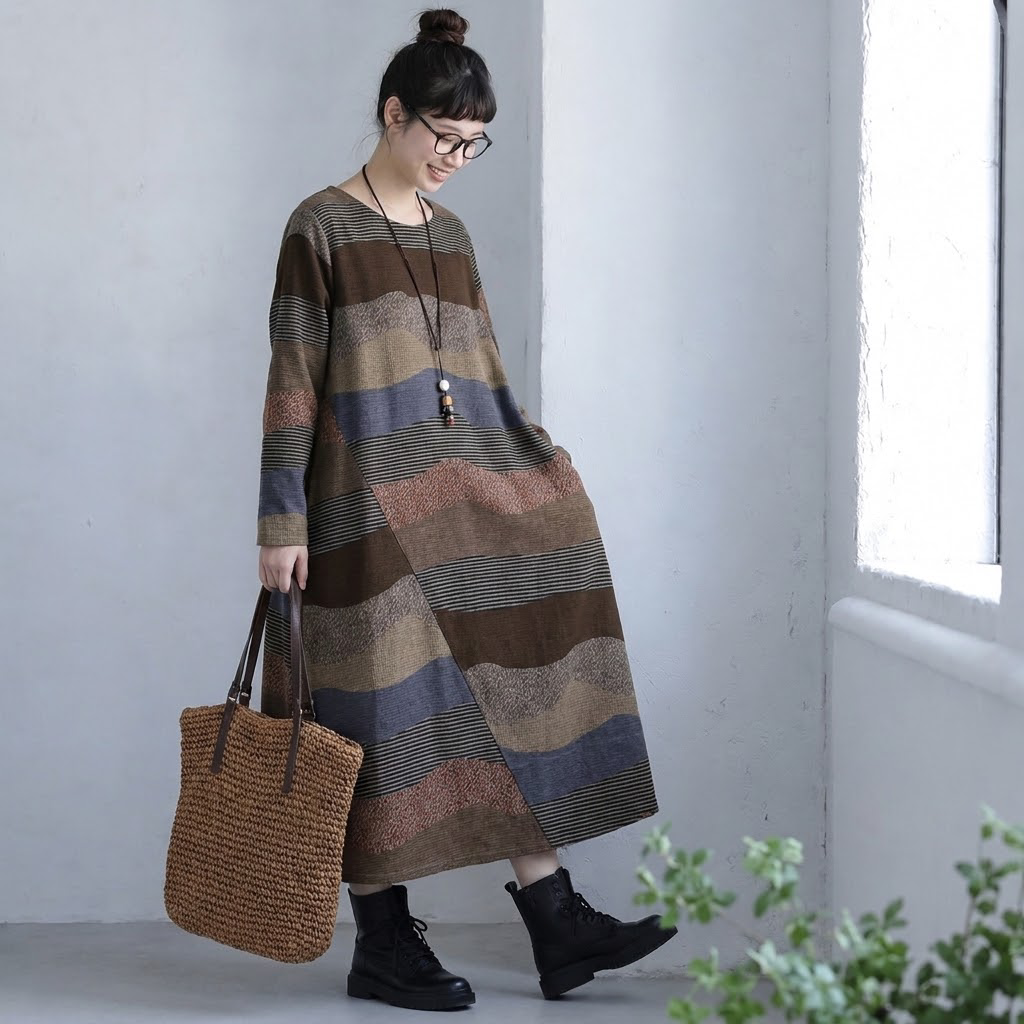 M～4XL 配色 長袖 切り替え ストレート カジュアルワンピース