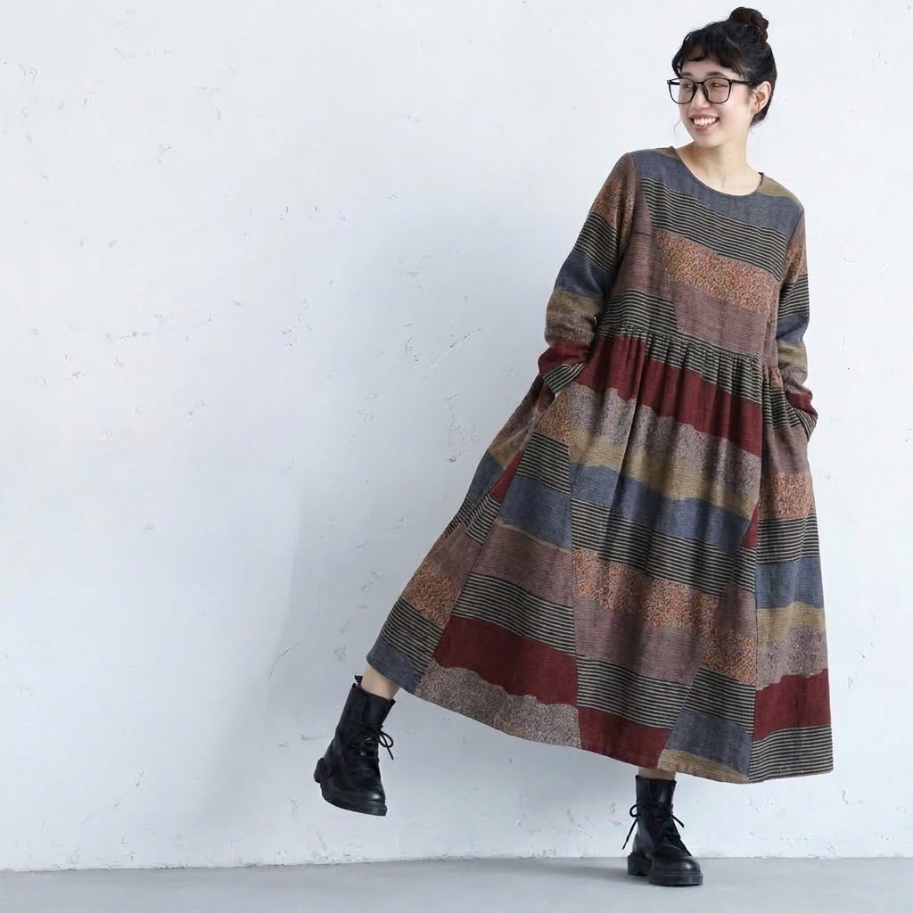 M～4XL 配色 長袖 切り替え ストレート カジュアルワンピース