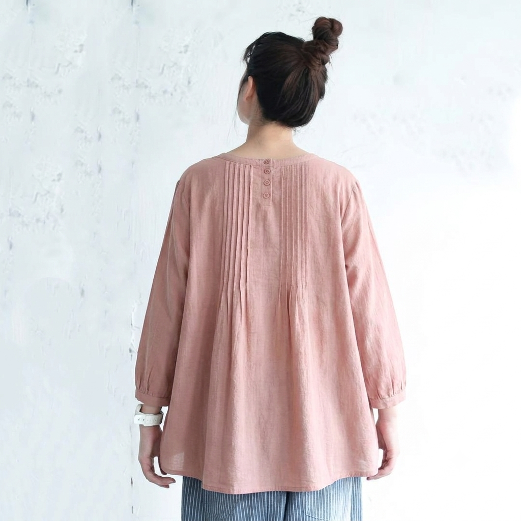M～6L 綿麻 プリーツ長袖シャツ