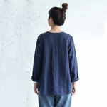 M～6L 綿麻 プリーツ長袖シャツ