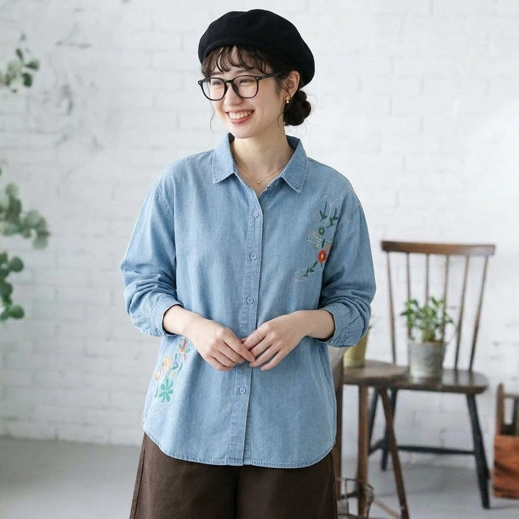 ボタン 長袖 刺繍 シャツ