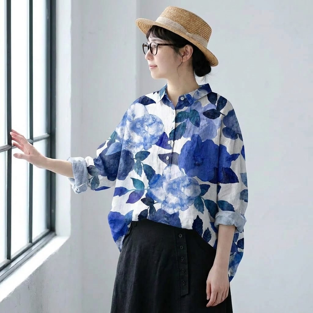 綿麻 ブルー系花柄 ゆったりブラウス