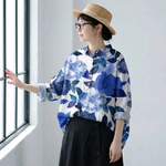 綿麻 ブルー系花柄 ゆったりブラウス