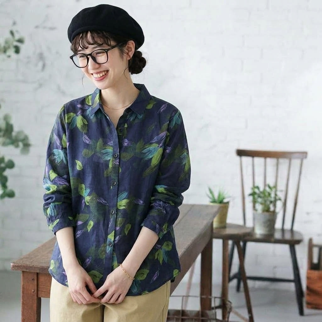 コットン 植物 花模様 プリント 長袖 シャツ